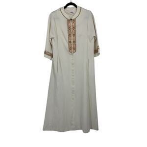 Evelyn Pearson Robe Womens Medium Cream Crepe Knit Floral Embroidery Gold Trim